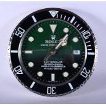 A ROLEX ADVERTISING DEALER DISPLAY HANGING WALL CLOCK. 30 cm diameter.