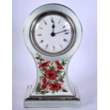 A FINE EDWARDIAN SILVER AND ENAMEL MANTEL CLOCK painted with bold foliage upon a pale blue ground. 5