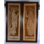 A PAIR OF ARTS AND CRAFTS EMBROIDERED SILK PANELS. 78 cm x 28 cm.