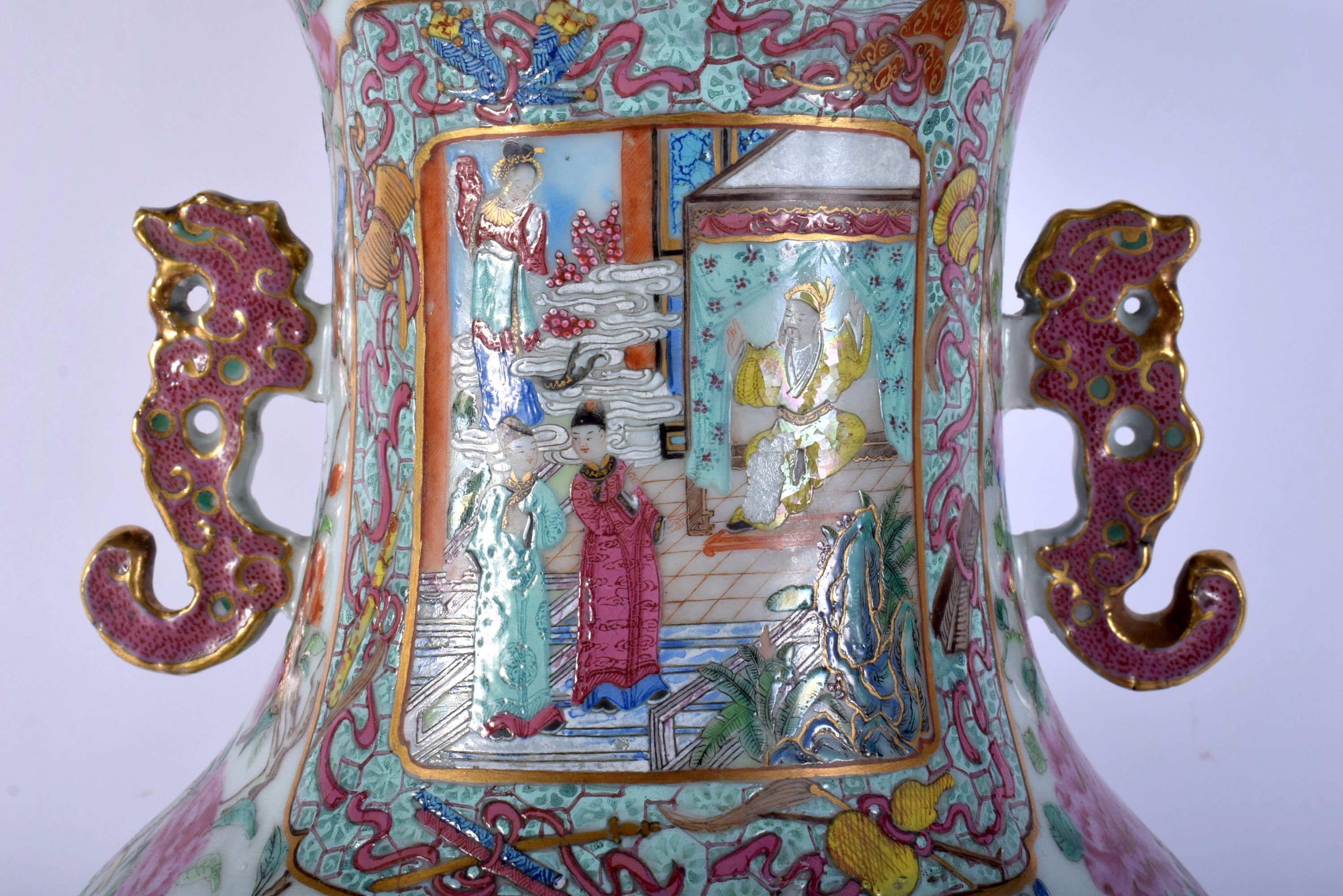 A FINE LARGE 19TH CENTURY CHINESE CANTON FAMILLE ROSE VASE Qing, painted with figures within landsca - Image 5 of 24