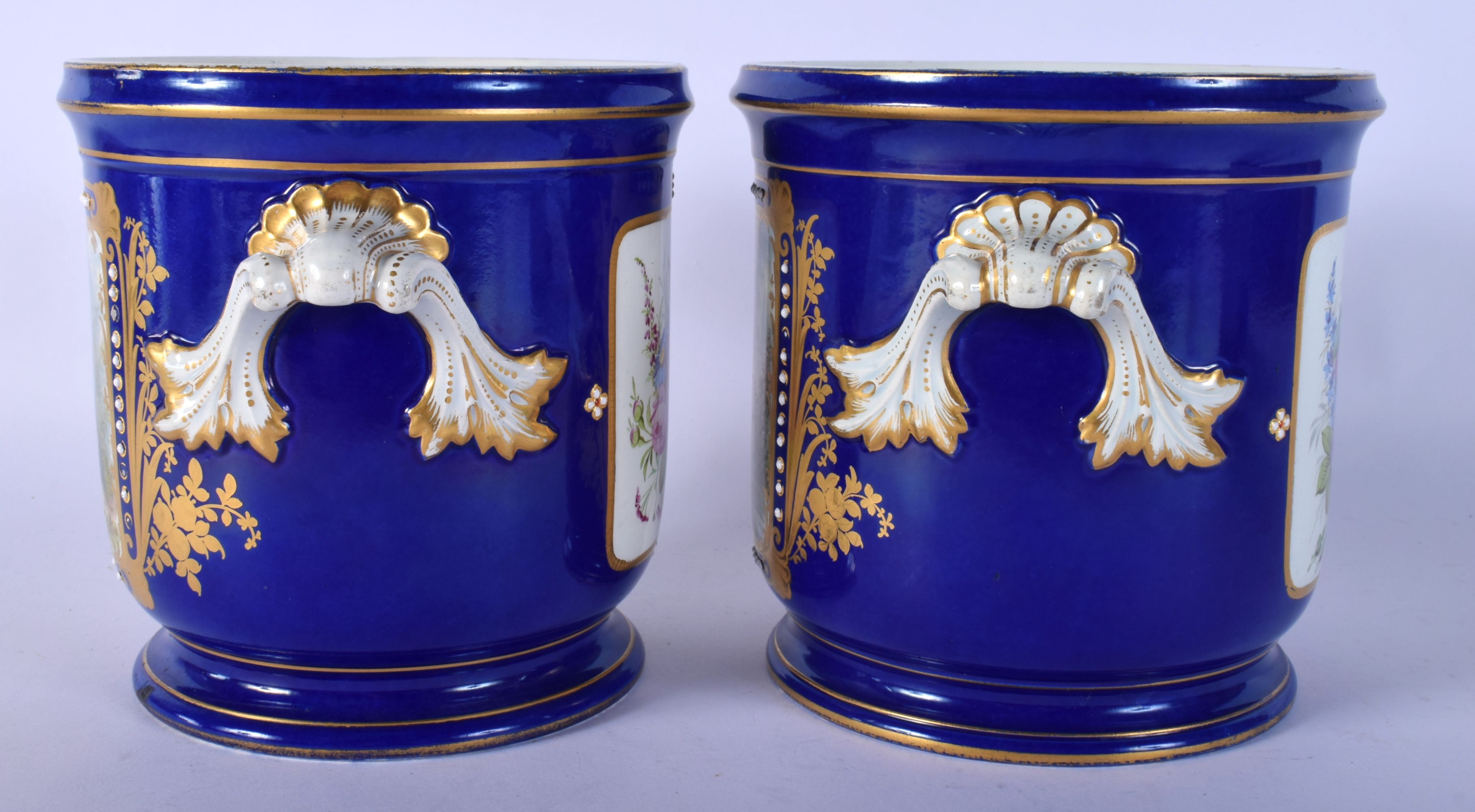 A PAIR OF 19TH CENTURY FRENCH SEVRES PORCELAIN TWIN HANDLE CACHE POT painted with lovers in landscap - Image 2 of 6