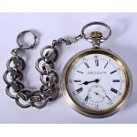A LARGE ANTIQE GOLIATH SILVER PLATED POCKET WATCH. 540 grams. 9.5 cm wide.