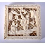 A 19TH CENTURY CHINESE CARVED IVORY SQUARE FORM BOX AND COVER Qing, decorated with figures in a land