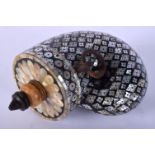 A FINE INDIAN INDO PORTUGUESE MOTHER OF PEARL INLAID GUN POWDER FLASK decorated with motifs. 16 cm x