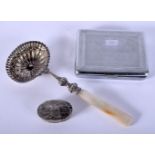 AN ANTIQUE SILVER SIFTING SPOON together with a silver box & another. (3)