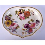AN EARLY 19TH CENTURY DERBY HEART SHAPED POTTERY DISH painted with flowers. 26 cm x 20 cm.