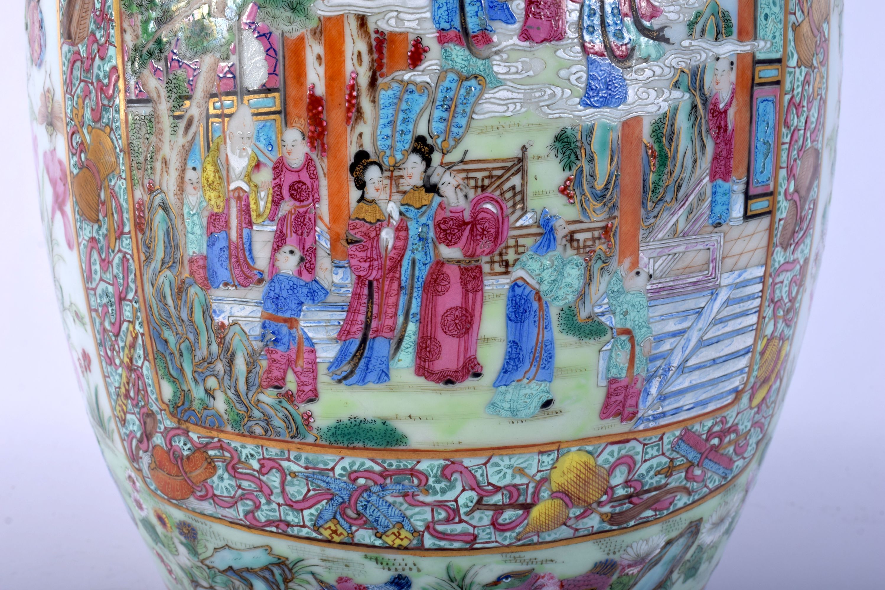 A FINE LARGE 19TH CENTURY CHINESE CANTON FAMILLE ROSE VASE Qing, painted with figures within landsca - Image 7 of 24