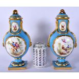 A GOOD PAIR OF 19TH CENTURY ENGLISH PORCELAIN SEVRES STYLE VASES AND COVERS Minton or Coalport, pain