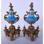 A PAIR OF LATE 19TH CENTURY FRENCH BRONZE AND SEVRES STYLE PORCELAIN ORNAMENTS. 27 cm x 12 cm.