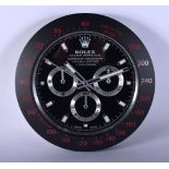 A ROLEX ADVERTISING DEALER DISPLAY HANGING WALL CLOCK. 30 cm diameter.