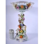 A LARGE ANTIQUE GERMAN PORCELAIN COMPORT modelled with figures under a floral bowl. 43 cm x 22 cm.