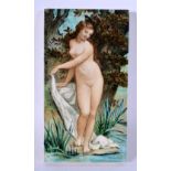 A RARE ART NOUVEAU THEODORE DECK POTTERY TILE painted with a nymph by the water. 22 cm x 12 cm.