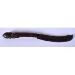 A 19TH CENTURY AFRICAN HARDWOOD TRIBAL KNIFE with double figural head terminal. 31 cm long.