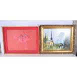 A framed oil on board by Roz Schweiger of a church 1981 together with a picture by Daniel Catling 40