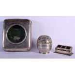 AN EDWARDIAN SILVER CLOCK CASE together with a silver string box and stamp box. 560 grams overall. L