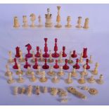 AN ANTIQUE EUROPEAN BONE AND STAINED IVORY CHESS SET. Largest piece 7.5 cm high. (qty)