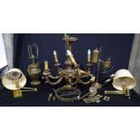 A wooden Chandelier, two brass wall lamps and two brass table lamps (5).