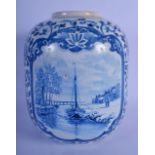 A DUTCH DELFT BLUE AND WHITE GLOBULAR VASE painted with boats within panels of flowers. 22 cm x 13 c