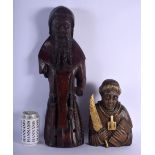 A 19TH CENTURY EUROPEAN CARVED AND GILDED WOOD FIGURE OF A SAINT modelled holding a feather, togethe
