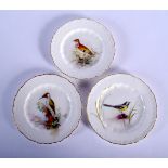 ROYAL WORCESTER SET OF THREE MOULDED SMALL PLATES PAINTED WITH BIRDS BY W. POWELL, SIGNED DATE MARK