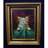 A framed oil on canvas of a study of a cat 40 x 29cm