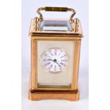 AN ANTIQUE MINIATURE CARRIAGE CLOCK,. 8cm high (incl handle) x 3.8cm x 3.2cm