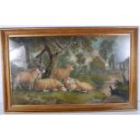 A large framed 19th Century sand art picture of sheep and donkeys 46 x 81cm .