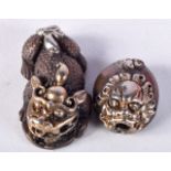 TWO JAPANESE BRONZE OJIME BEADS. 3.4cm x 1.8cm, weight 40g total