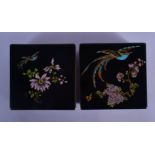 A PAIR OF CARLTONWARE BLACK GROUND PORCELAIN BOXES AND COVERS painted with birds and flowers. 11.5 c