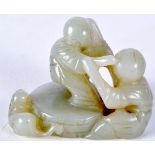 A CHINESE GREEN JADE FIGURE OF TWO MEN FIGHTING. 3.4cm x 4.8cm, weight 37g