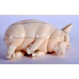 A 19TH CENTURY ENGLISH CARVED IVORY FIGURE OF A SLEEPING PIG modelled recumbent. 9 cm x 5 cm.