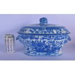 A LARGE EARLY 19TH CENTURY ENGLISH BLUE AND WHITE TUREEN AND COVER decorated with bold foliage. 30 c