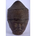 A VERY RARE EARLY CAMBODIAN CARVED KHMER STONE JAR AND COVER 12th/13th Century, of extremely unusual