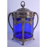 AN ART NOUVEAU WMF SILVER PLATED BLUE GLASS BARREL AND COVER. 23 cm x 18 cm.