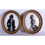 A FINE PAIR OF REGENCY REVERSE PAINTED COUNTRY HOUSE SILHOUETTES. 22 cm x 17 cm.