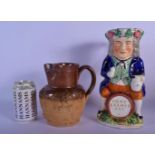 A RARE LARGE 19TH CENTURY ENGLISH HOME BREWED ALE CHARACTER JUG together with a stoneware jug. Large