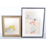 A framed Chinese print of a female together with a framed Chinese watercolour of flowers. 34 x 23cm.