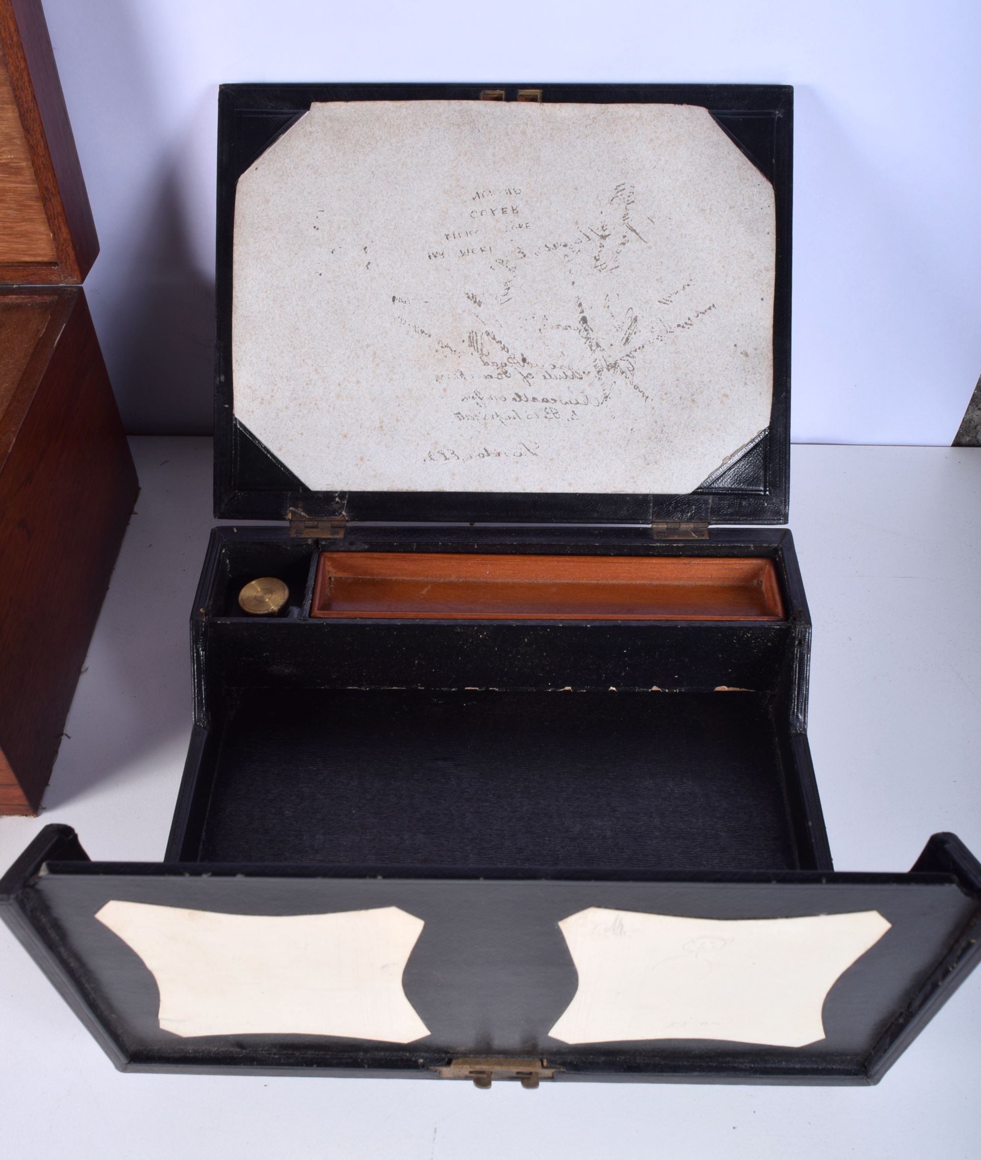 A Victorian Leather wring box together with a wooden stationary box and a wooden donations box large - Image 2 of 6