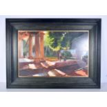 A large framed Oil on board depicting a garden scene.41 x 64 cm .