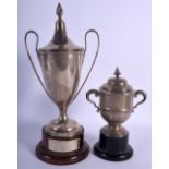 A TWIN HANDLED SILVER HORSE RACING TROPHY together with another silver trophy. Weighable trophy 472