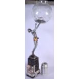 AN ART DECO COLD PAINTED SPELTER LAMP with glass dome. 65 cm high.