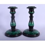 A PAIR OF VICTORIAN MARBLE AND MALACHITE CANDLESTICKS. 20 cm high.