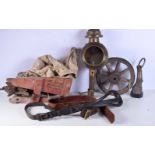 A vintage Coach lamp, a wooden Broadcast seed sower, a small wooden wheel , door stop, leatherware e