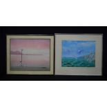 A framed oil on board of a coastal scene together with a painting by Redy of a bike 40 x 50cm (2)