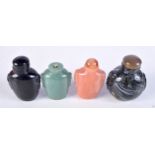 FOUR CHINESE HARDSTONE SNUFF BOTTLES. Largest 6.5cm x 5.3cm x 4.1cm, total weight 365g )4)