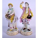 19TH C. CONTINENTAL QUALITY PAIR OF FIGURES AFTER 18TH C. MEISSEN, HE WITH A HAT AND SHE WITH A BAS