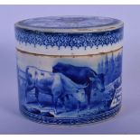 A RARE 19TH CENTURY FRENCH BEEF EXTRACT BLUE AND WHITE POT AND COVER. 6 cm wide.