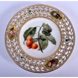 LATE 19TH C. MINT ON PIERCED BORDERED PLATE SUPERBLY PAINTED WITH A BRANCH OF A CHERRY TREE WITH SIX