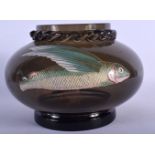 AN ART NOUVEAU ENAMELLED GLASS SMOKEY GREY VASE painted with a flying fish. 19 cm x 15 cm.