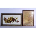 A LARGE ANTIQUE CONITENTAL PAINTED FLOWER GLASS PANEL together with a framed silk landscape. Largest